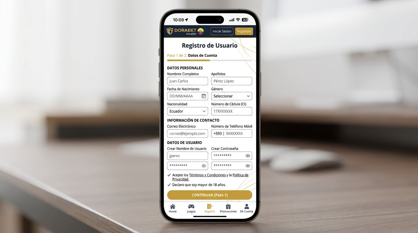 Campos del alta de usuario en Dorabet Ecuador con datos personales y contacto
